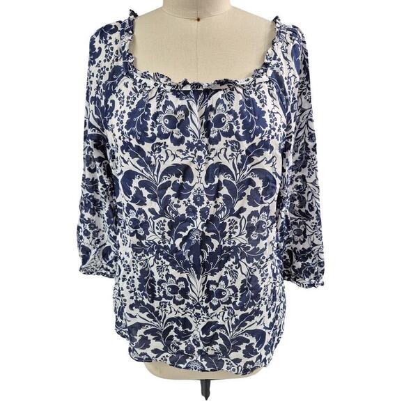 Talbots Tops - Women’s Opulent Floral Square Neck Top Blouse Ivory & Ink L